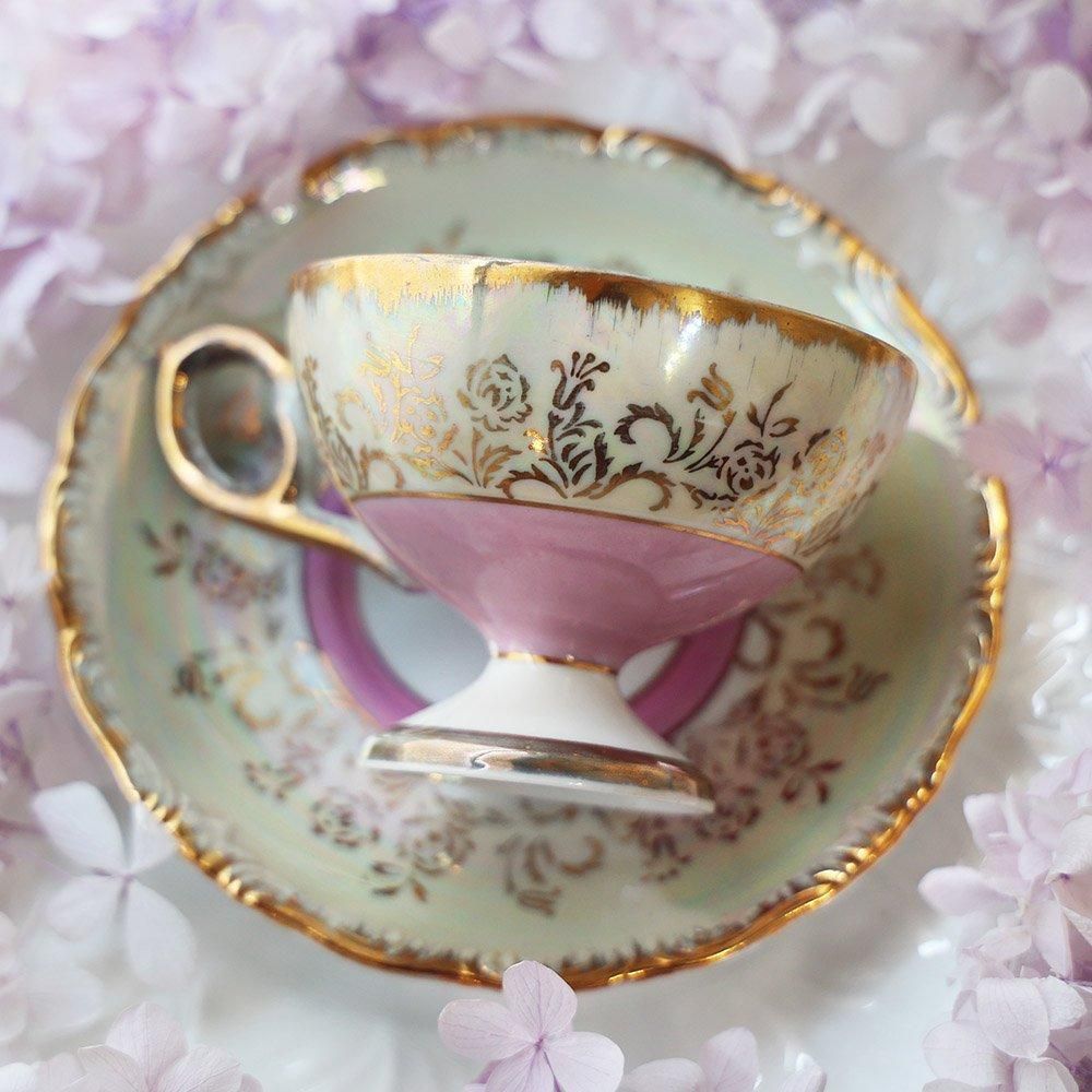 レトロ金彩ピンクカップ&ソーサー - 海福雑貨通販部