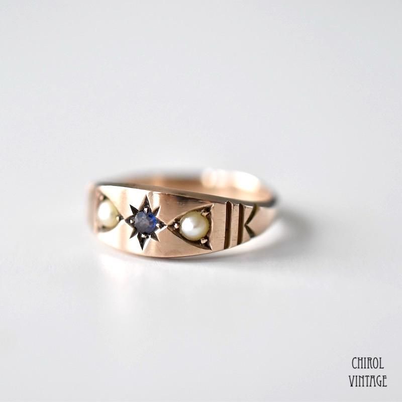 アンティーク 15Kゴールド サファイアxシードパール ジプシーリング