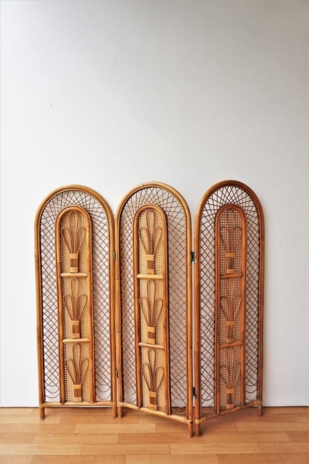 ラタン 4連 パーテーション 間仕切り 衝立 レトロ 昭和レトロ