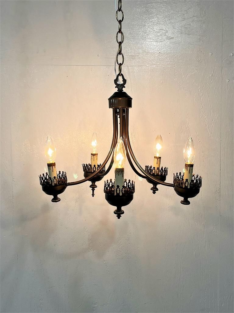 じゅん）独70年代DOMUS チーク無垢材 ヴィンテージ・5灯シャンデリア