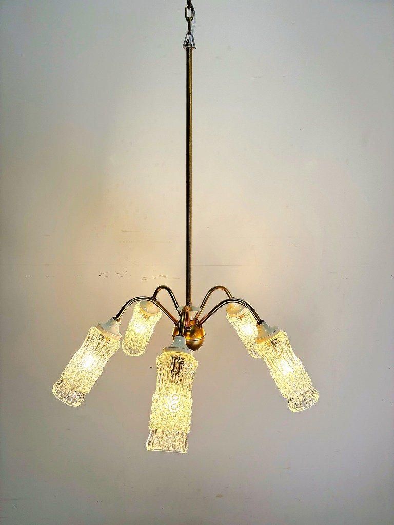 1960-70's ヴィンテージ 5灯 ゴールドフレーム モダンシャンデリア