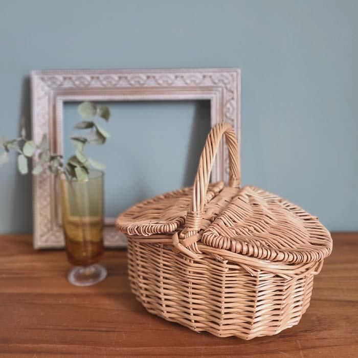 希少】昭和レトロ ナチュラル色 蓋付き 大型 バスケット 竹製台付き