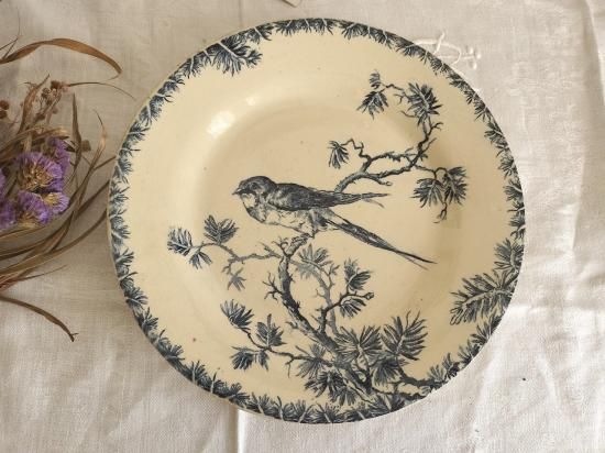 フランス アンティーク GIEN 鳥模様付き 陶器 皿 1900年 観賞用