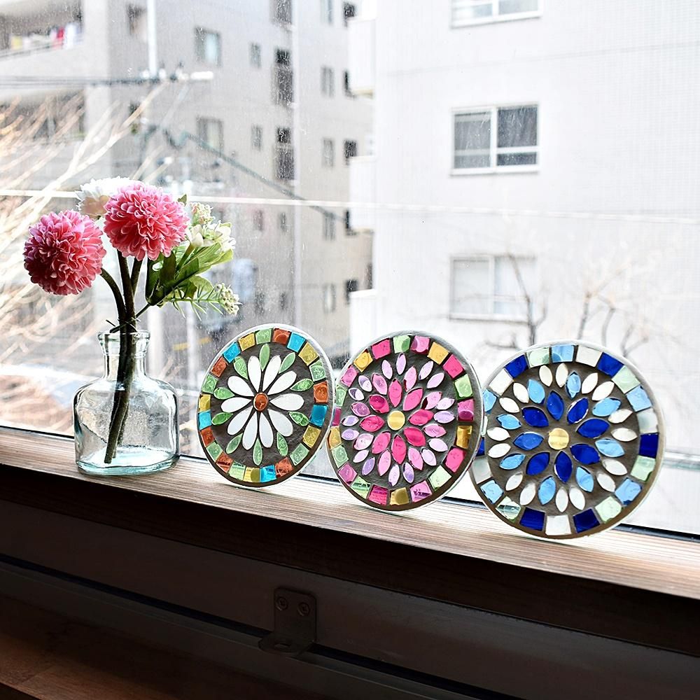 ガラス細工｜モザイクコースターブルーフラワー｜フォーカートグラス