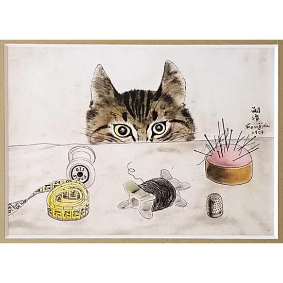 F6号】藤田嗣治（猫を抱く少女）手描き/表裏サイン有/油彩/裏シール