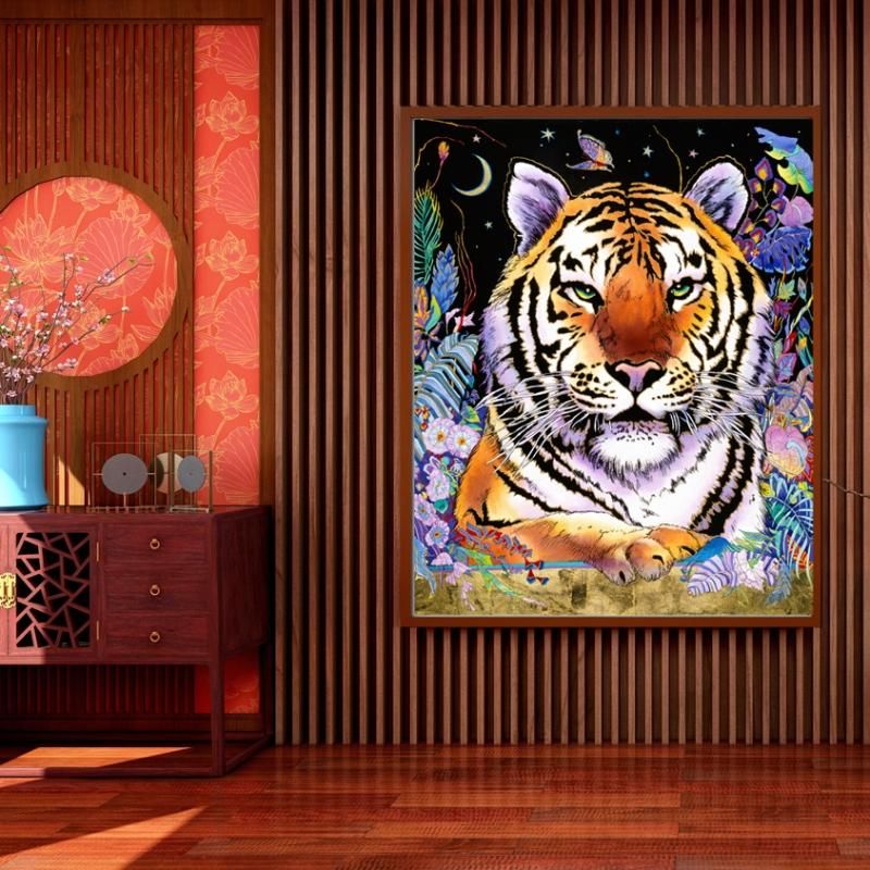 クリスチャン・ラッセン 手彩入大型版画 虎 月 クリスチャン・ラッセン