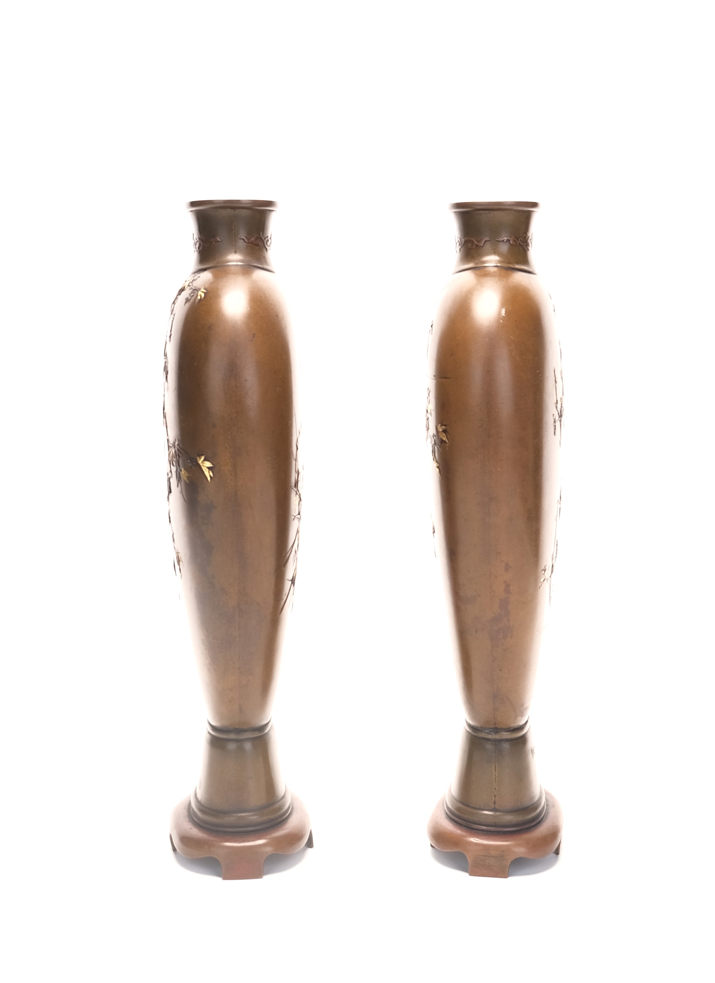 2643 高岡銅器 銅花瓶 希少 金銀象嵌 鳥花文図 2643 高岡銅器 銅花瓶