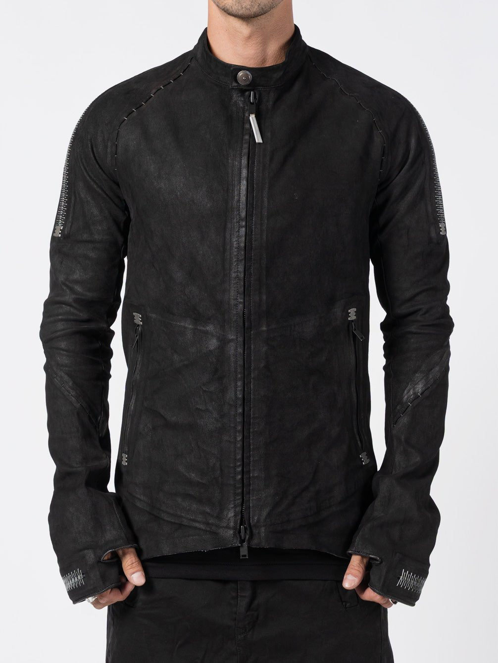 Stapled Leather Jacket with Anatomical Paneling by ISAAC SELLAM