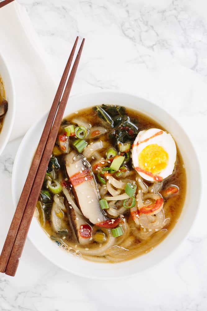 Spiralized Daikon Ramen with Portobello Mushrooms and Soft Boiled