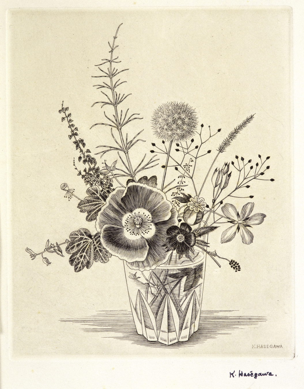 真作保証長谷川潔「コップに挿した野花」銅版画 額装 版画 絵画 長谷川