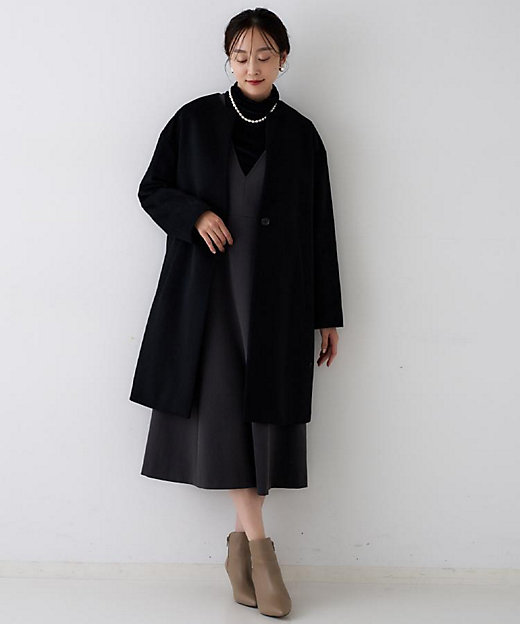 ゆったり／軽やか】カシミヤ混ノーカラーコート（2002186377