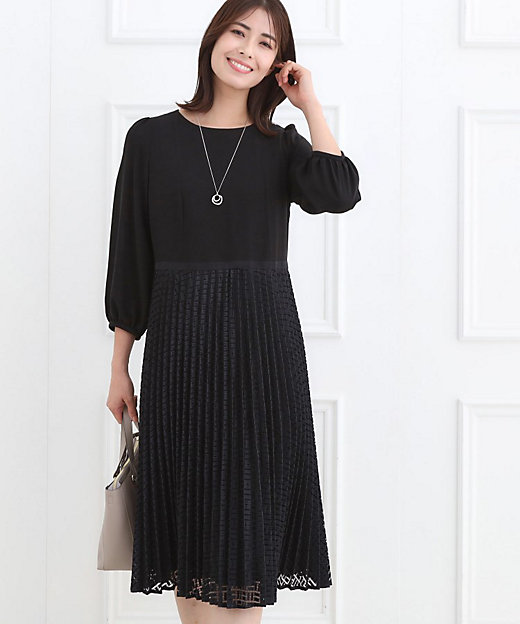 ショルダーレース切り替えシフォンプリーツワンピース【237221638