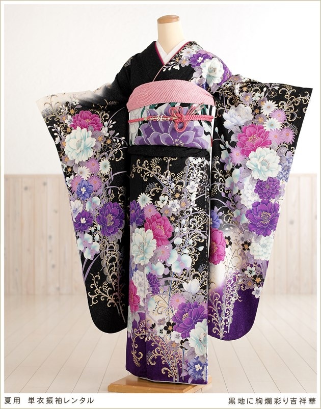 夏用単衣広巾振袖レンタル。13号以上の大きめサイズ振り袖、夏の成人式