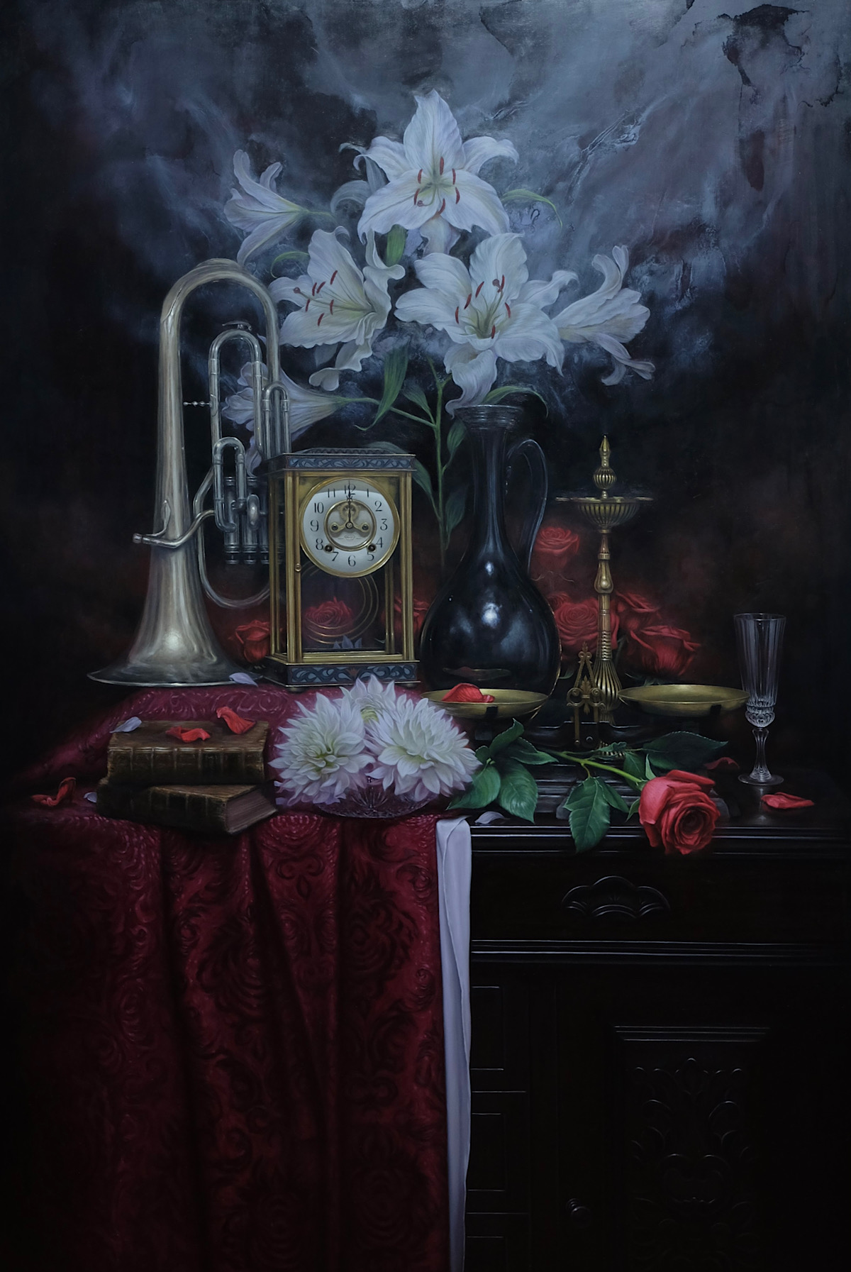 キャンバス油絵 いとを お花とビンとカップのあるテーブル おしゃれ