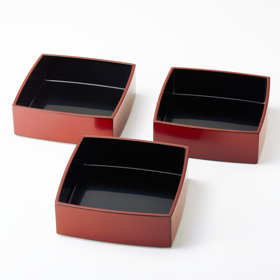 胴張三段重箱 古代朱内黒 6寸 木製 漆塗りお重箱 漆器の井助