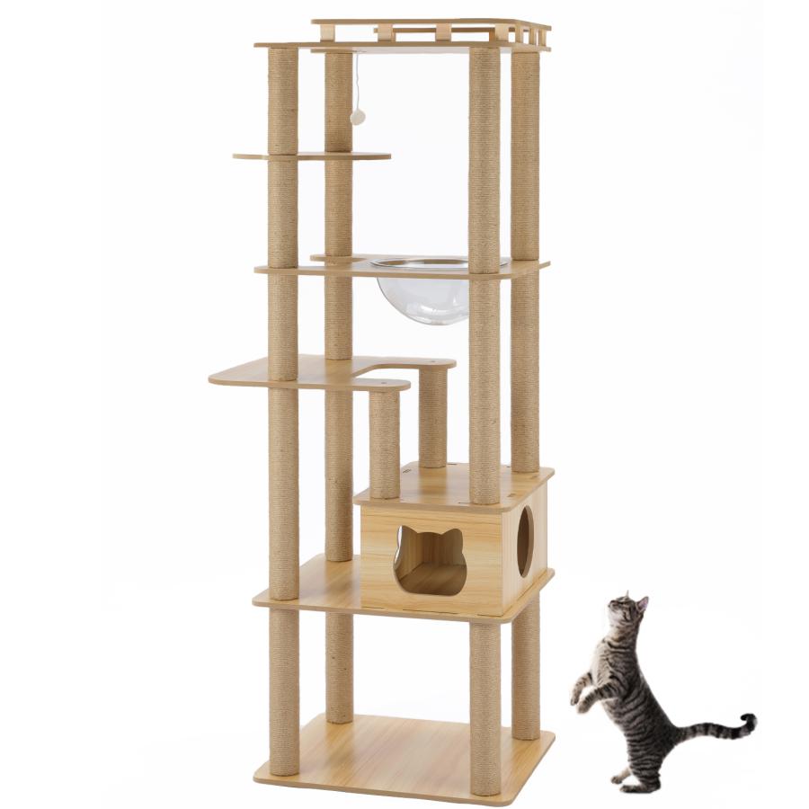 猫家族 広い展望台付き キャットタワー 木製 大型猫 高さ約170cm