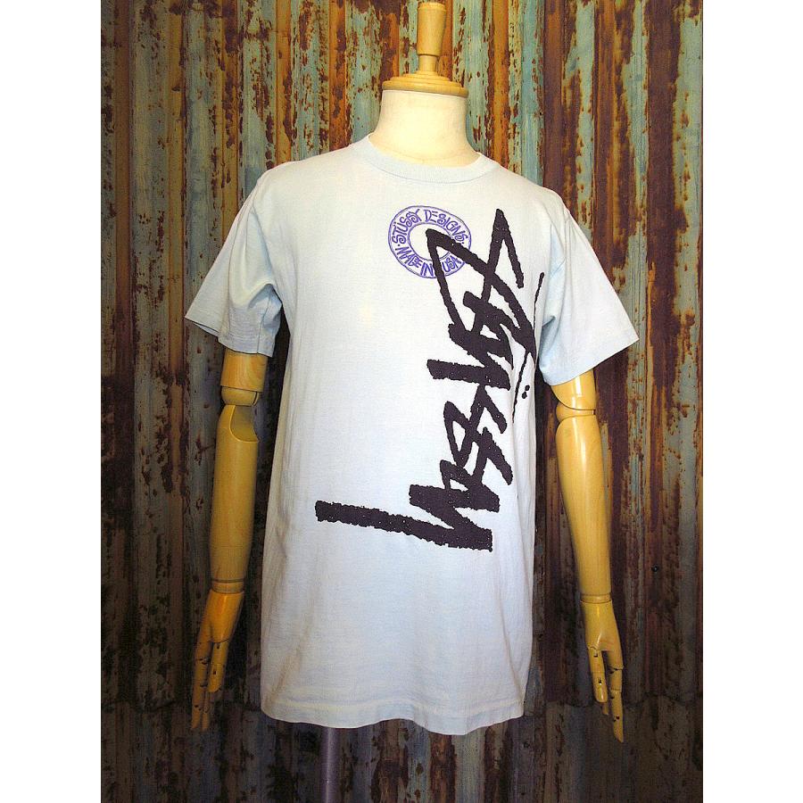 ビンテージ80's○STUSSY黒タグストックプリントTシャツ水色○240920k4