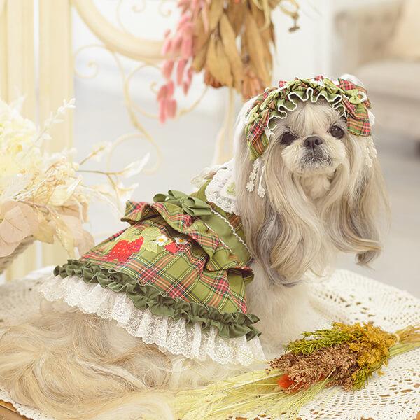 CanNana 犬 犬服 春 ドックウェア ワンピース レトロ いちご タータン