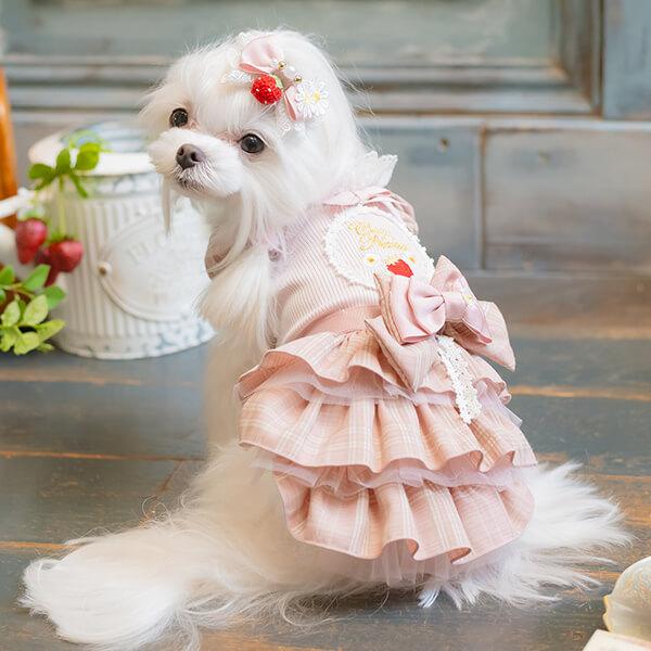 CanNana 犬 犬服 春 レトロいちごタータンチェックワンピース チュール