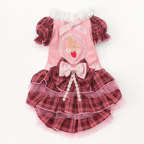 CanNana 犬 犬服 春 レトロいちごタータンチェックワンピース チュール