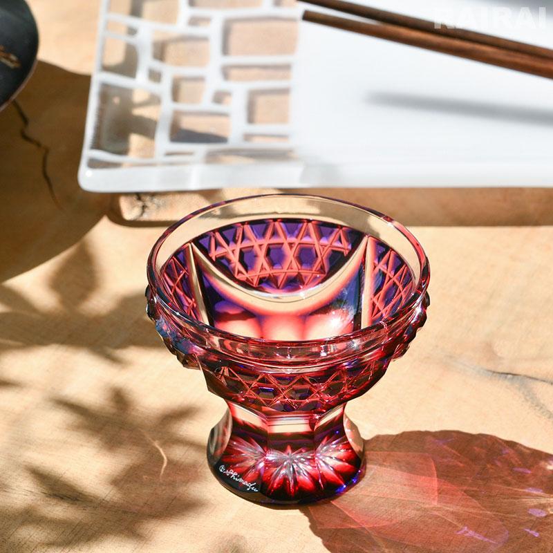 薩摩切子 二色 脚付盃 cut201 ルリ金赤 二色衣 二色被せ 島津薩摩切子