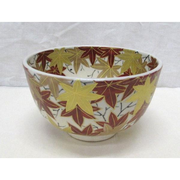 古物 色絵 紅葉の絵茶碗 膳所焼 陽炎園作 秋のお茶碗として大変お勧め