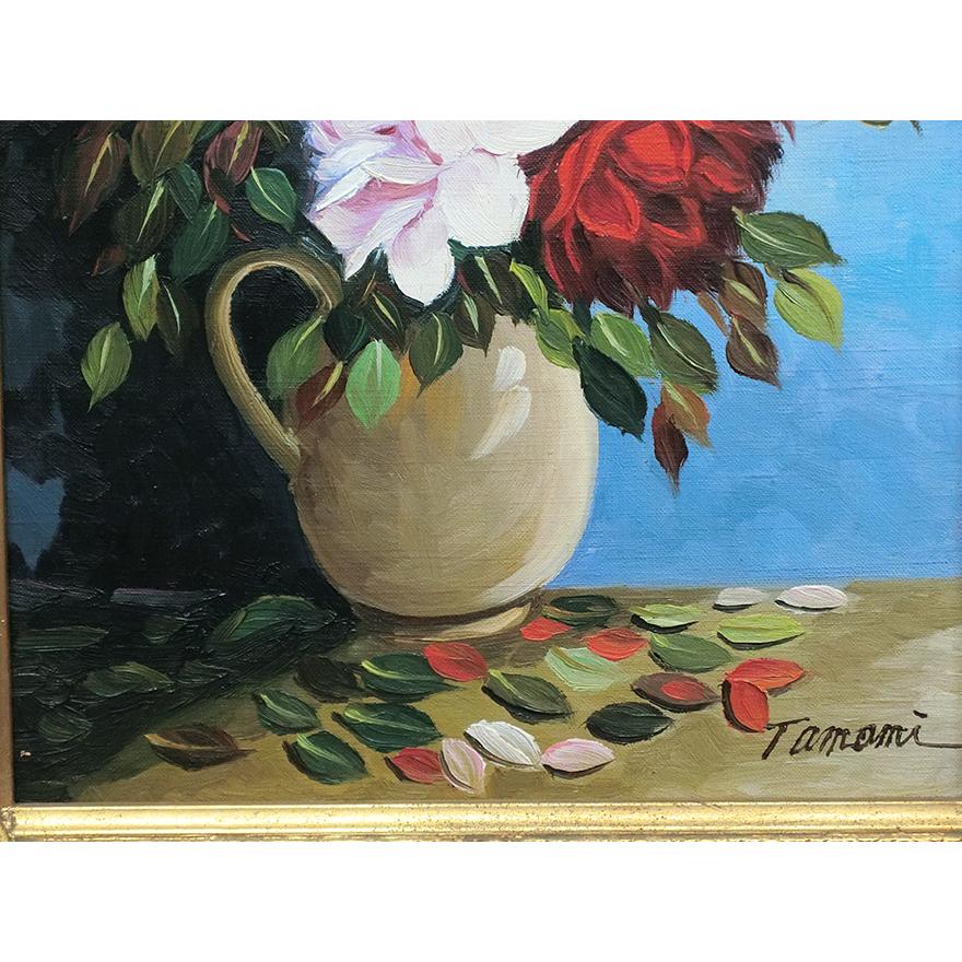 肉筆 真作 絵画 花瓶の薔薇の油彩画 美術品 ア-ト インテリア 静物画