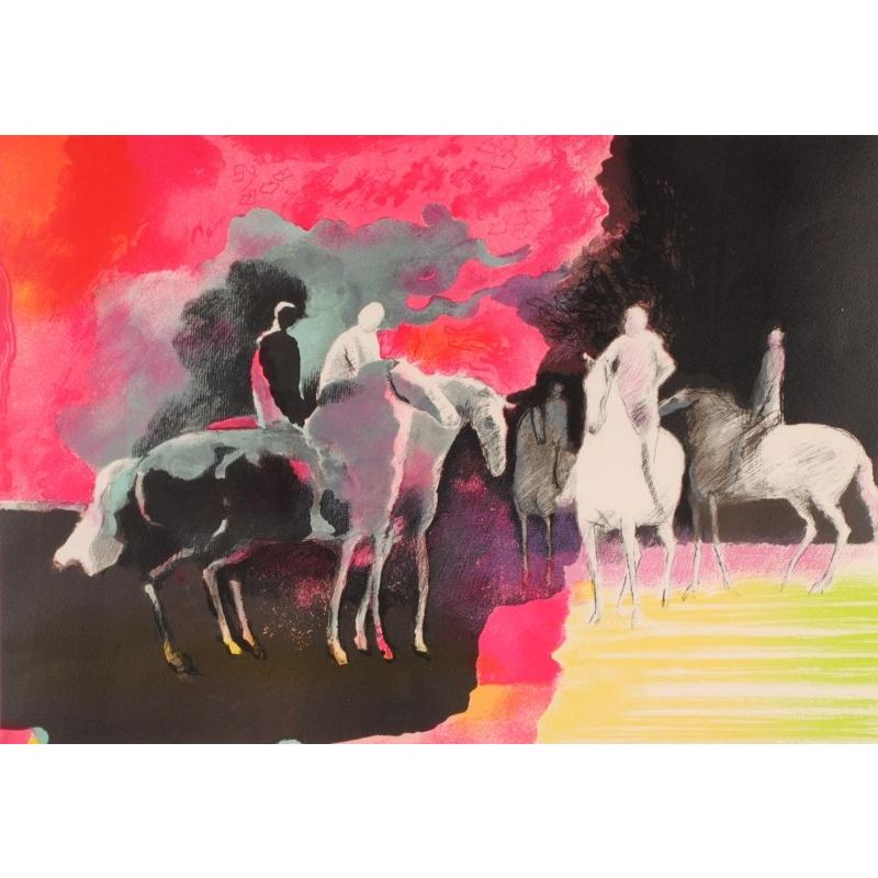 馬 絵画 リトグラフ 版画 ポール・ギヤマン 「5頭の馬」 額付き