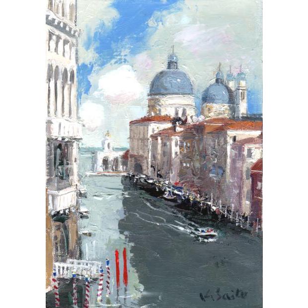 真作】絵画 油彩4号 ベニス風景 ヴェネツィア風景画 海と教会の風景