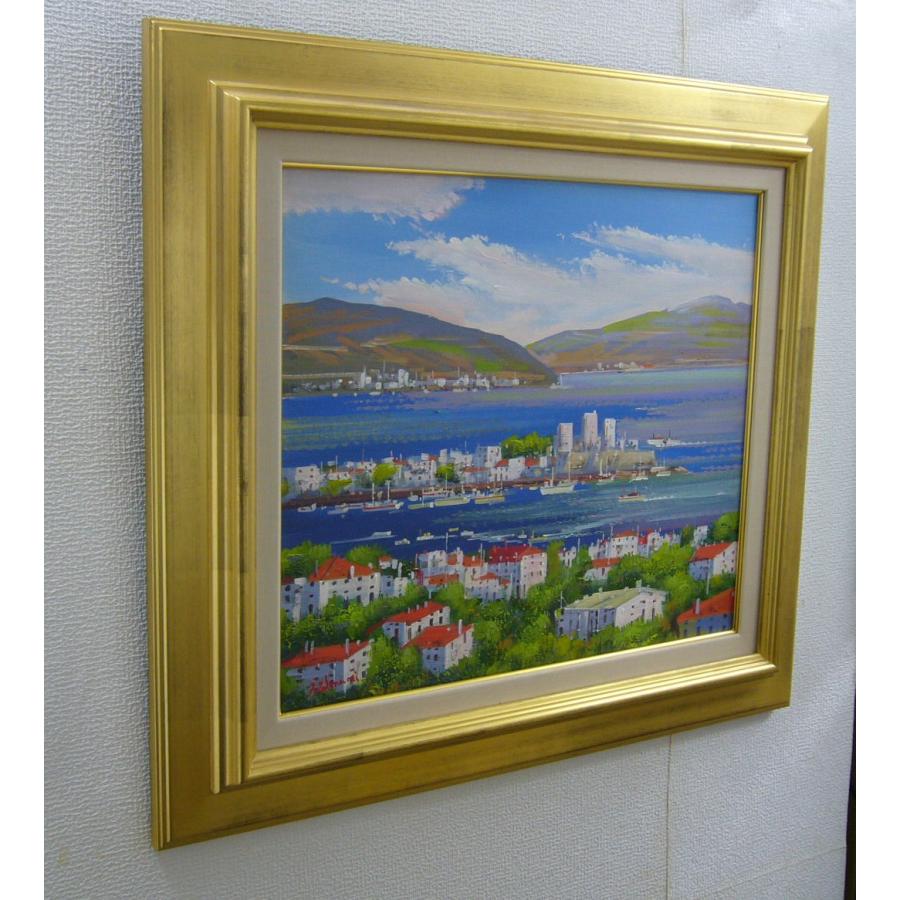 肉質油絵横絵12号小川のある並木道竹内敏彦額装仕上げ品