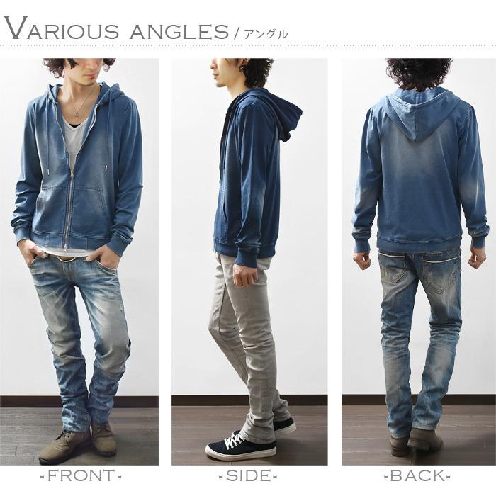 パーカー メンズ 長袖 ジップパーカー スウェットデニム ウォッシュ