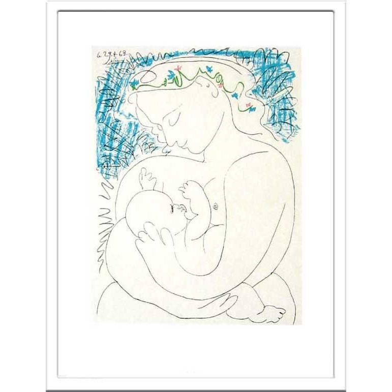 パブロピカソ 、鉛筆画 、母と子 サインあり、原画、デッサン、一点物