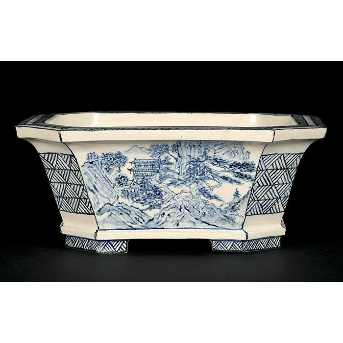 盆栽鉢 「高山染付山水図長方鉢」 植木鉢 絵付鉢 作家鉢 磁器 呉須 5号