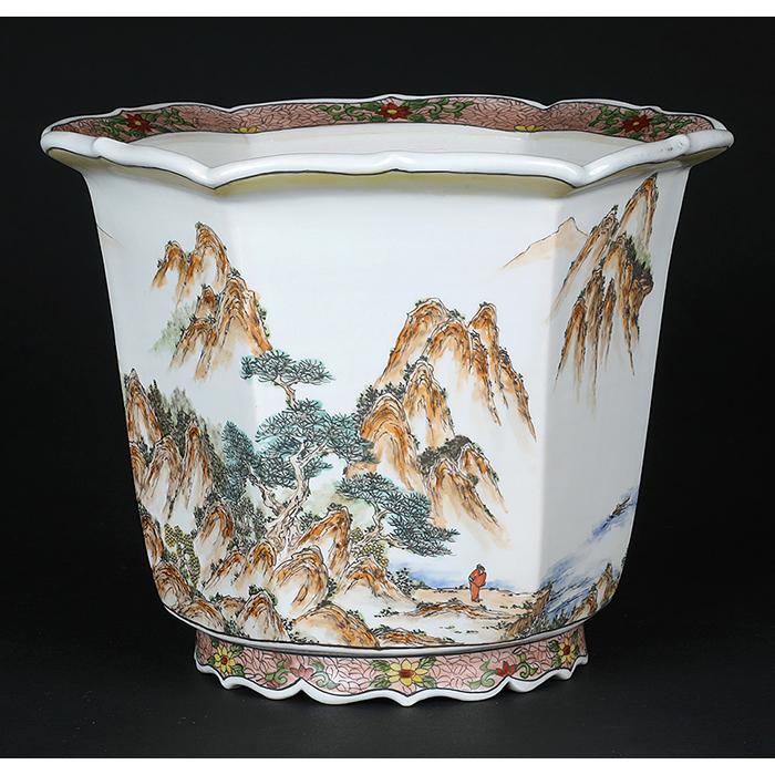 盆栽鉢 月之輪正泉五彩訪友図輪花縁六角鉢 絵付鉢 色絵 京焼 清水焼 8