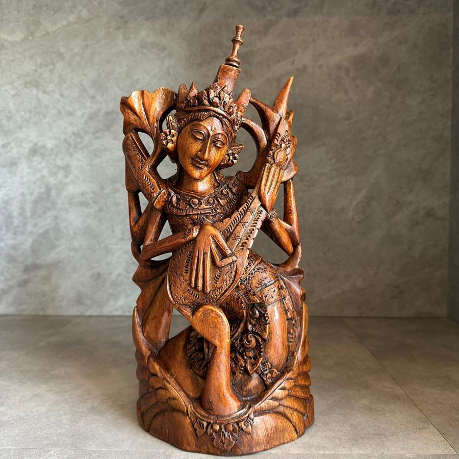 インドネシア バリ島 女神像 黒檀 製 細密彫刻 インテリア 黒檀 木彫