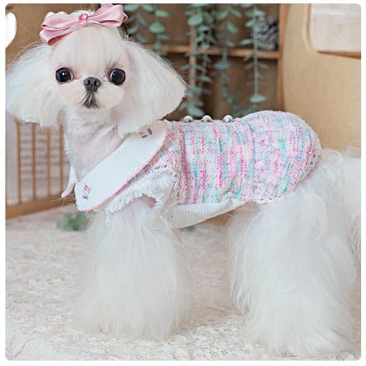 20%OFFクーポン対象 犬服 ワンピース 虹色ツイード 綿100％ 小型犬