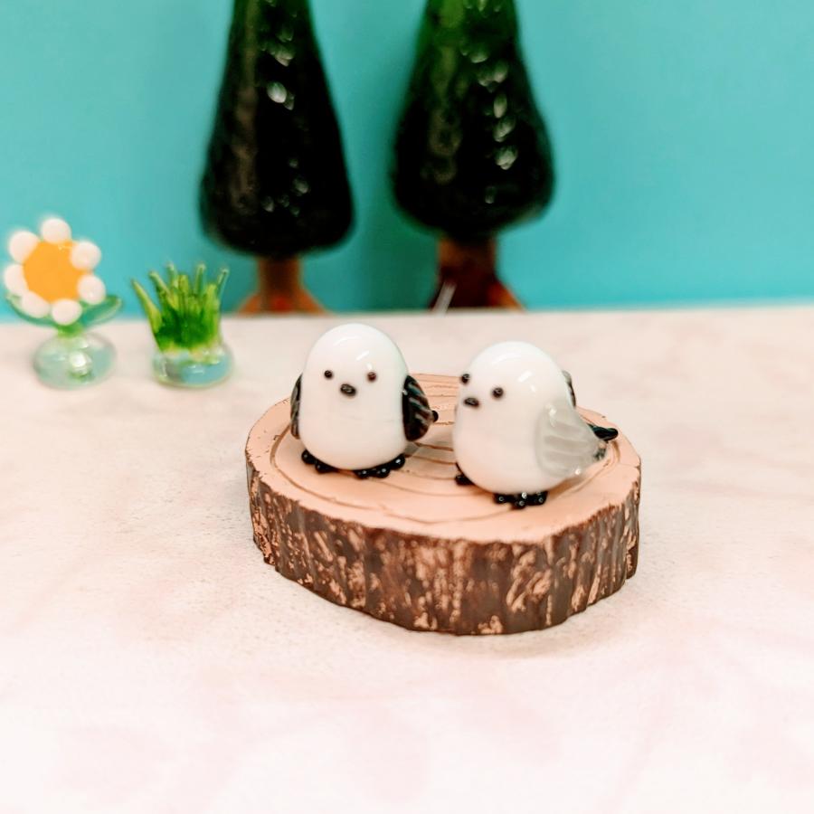 ガラス細工 シマエナガ切り株ペア ミニチュア 雑貨 置物 小物 鳥