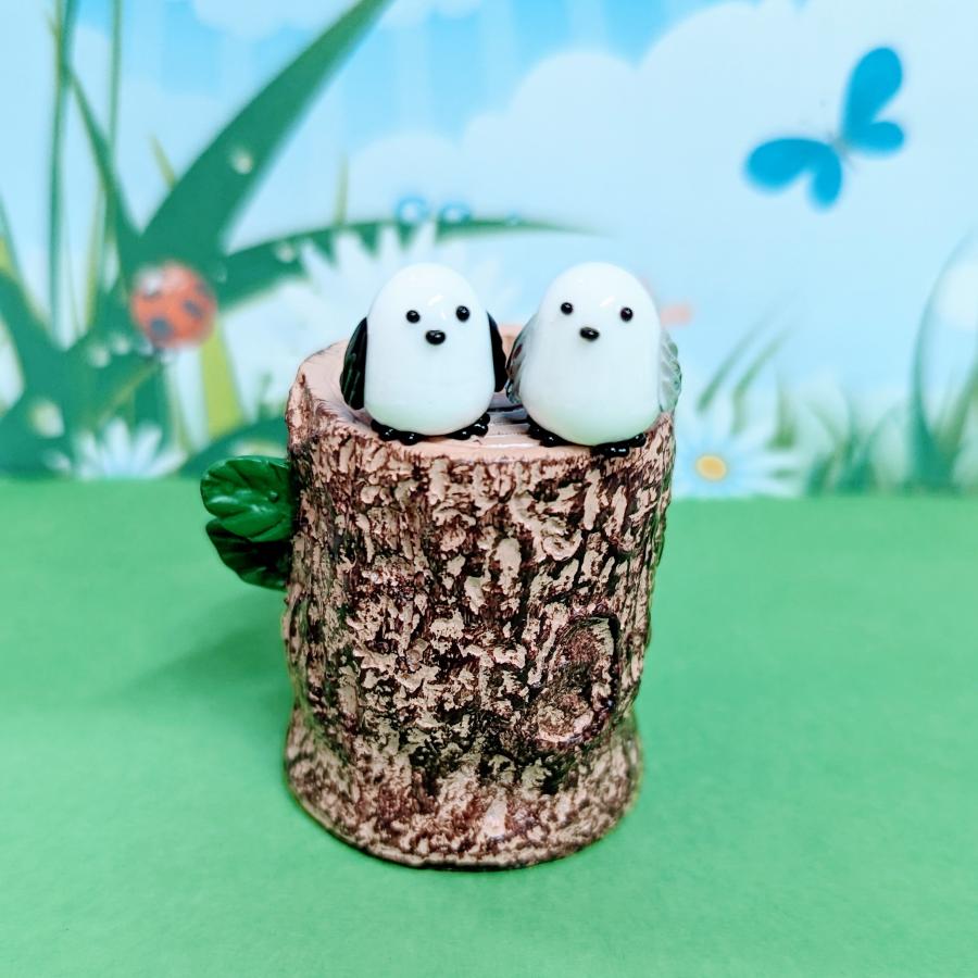 ガラス細工 シマエナガ小物入れ ミニチュア 雑貨 置物 小物 鳥 北海道