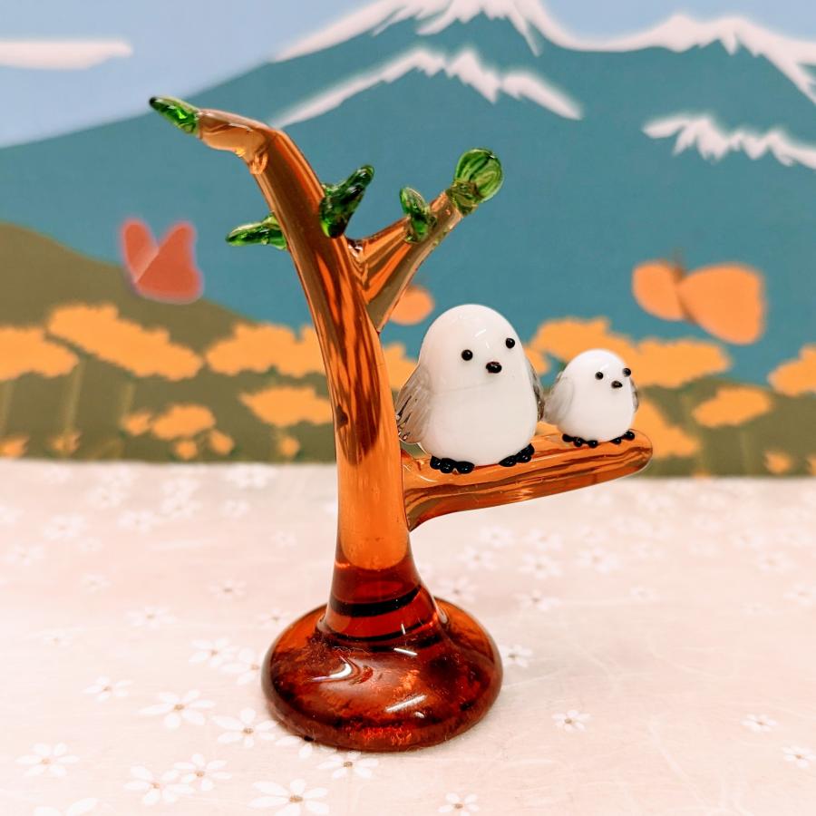 ガラス細工 シマエナガペアと木（グレー）ミニチュア 雑貨 置物 小物