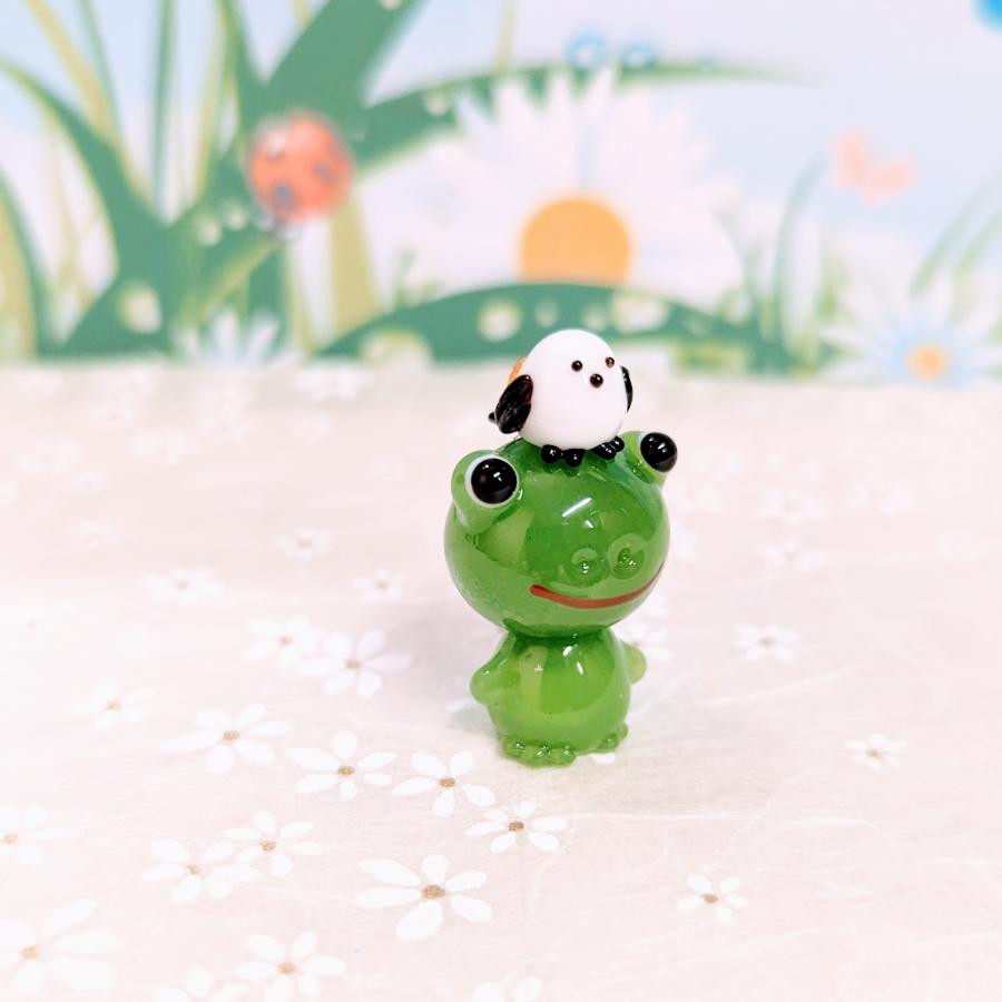 ガラス細工 シマエナガとカエル ミニチュア 雑貨 置物 小物 鳥 蛙