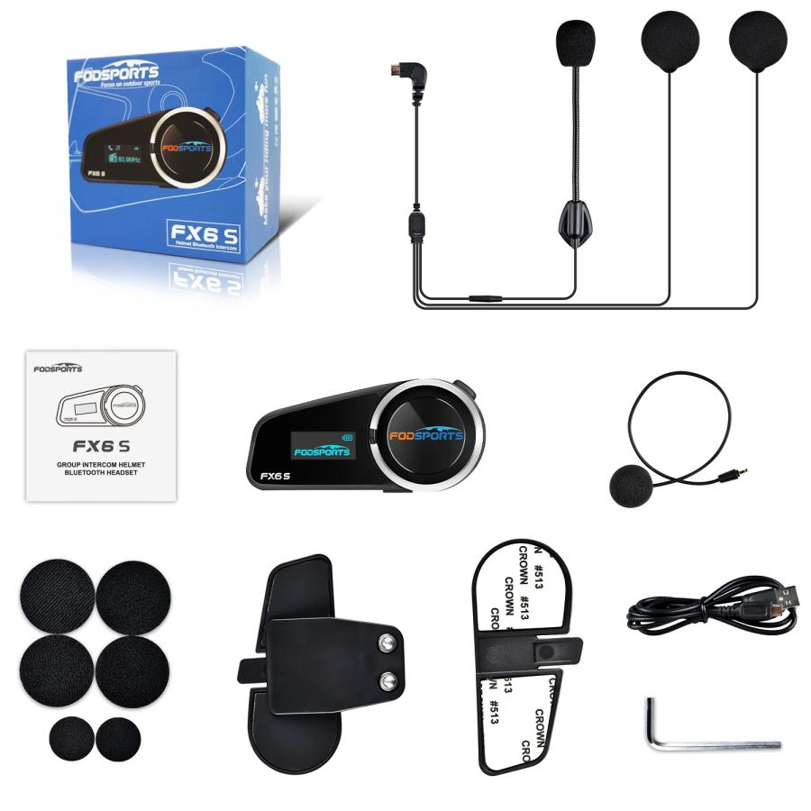 バイク インカム FODSPORTS FX6 S ヘルメット 6人同時通話 液晶画面