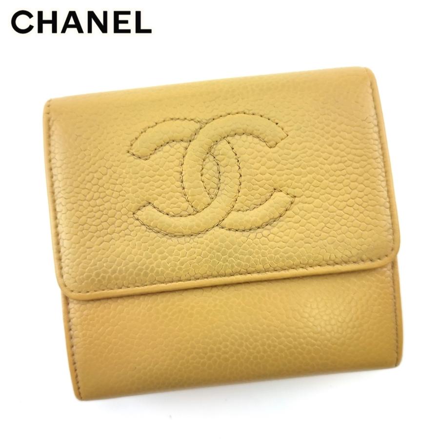 シャネル 3つ折り財布 wホック ココマーク レモンイエロー CHANEL