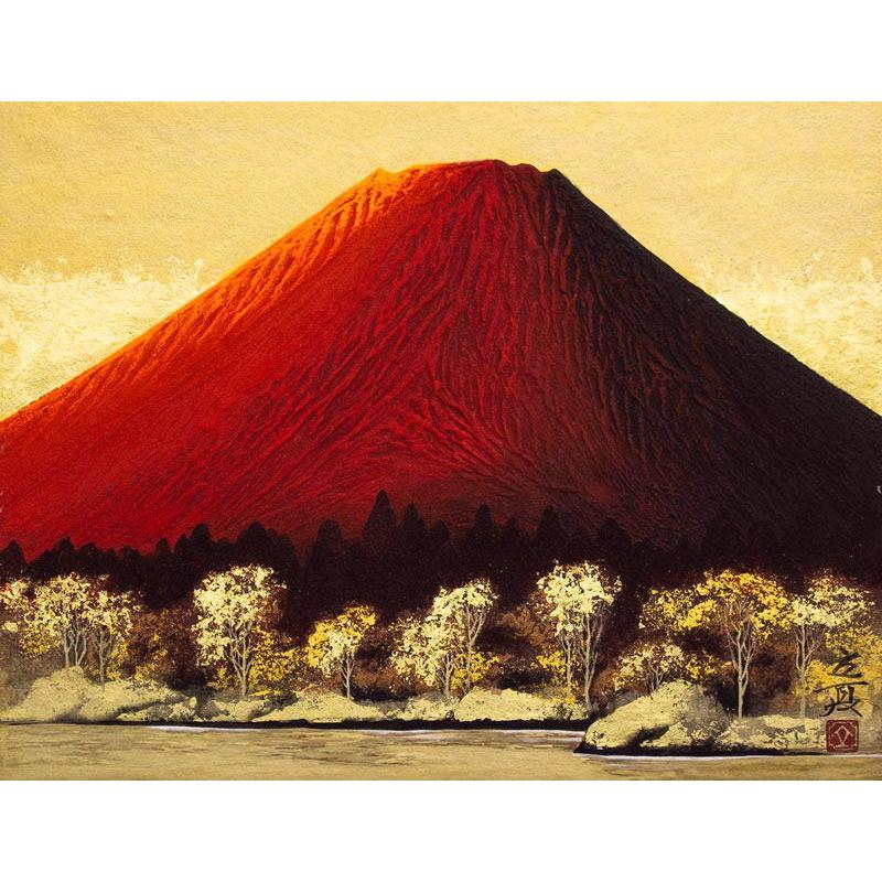 下川立夏「 朱映富嶽 」 日本画 6号 ( F6 ) 絵画 肉筆 手描き 真筆