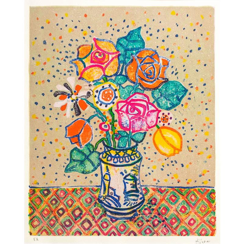 ポール ・ アイズピリ 「 ベージュ背景のバラの花束 」 リトグラフ