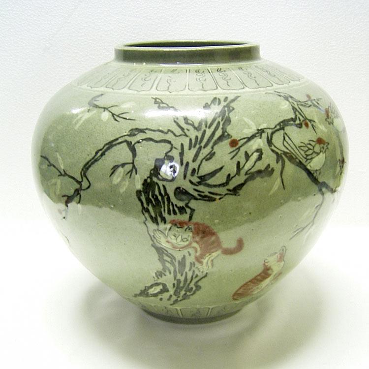 韓国青磁器抽象デザイン 陶器花瓶 高さ約30cm 海剛の作品 韓国青磁器