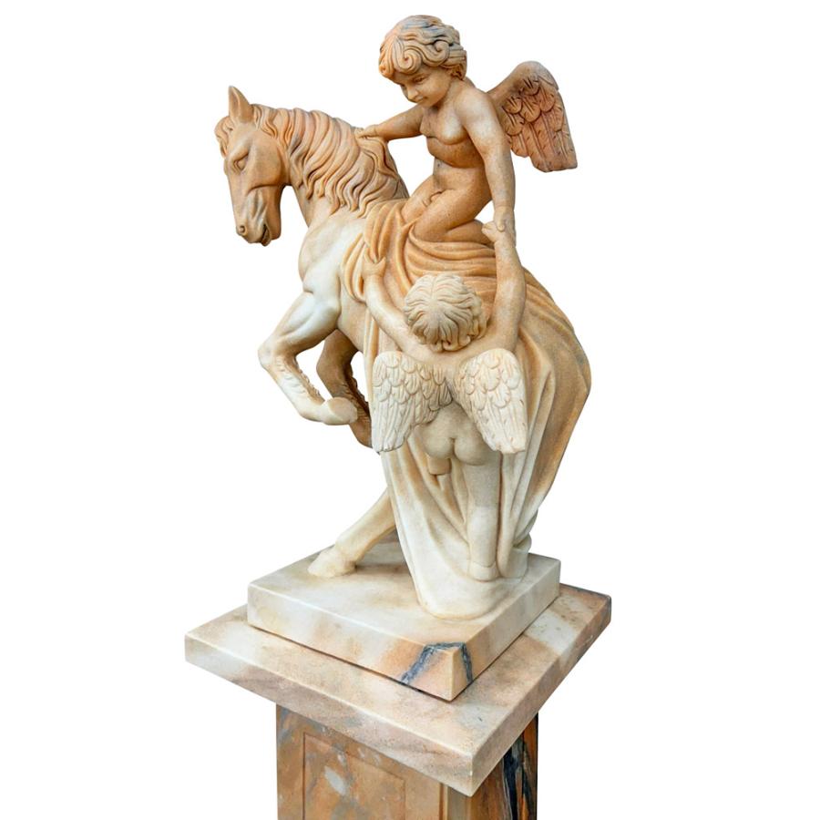 天然大理石彫刻 馬に乗る天使 ペア 対 185cm 台座付き エンジェル 石像