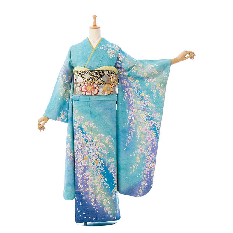 レンタル】正絹|裄長|着物レンタル|158〜168cm|振袖フルセット(ブルー