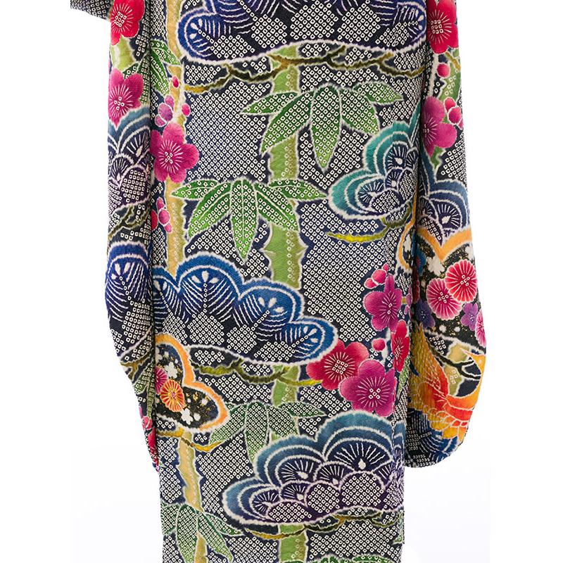 総絞り 正絹|160〜168cm|11〜15号|振袖フルセット(紺系)| 大きいサイズ