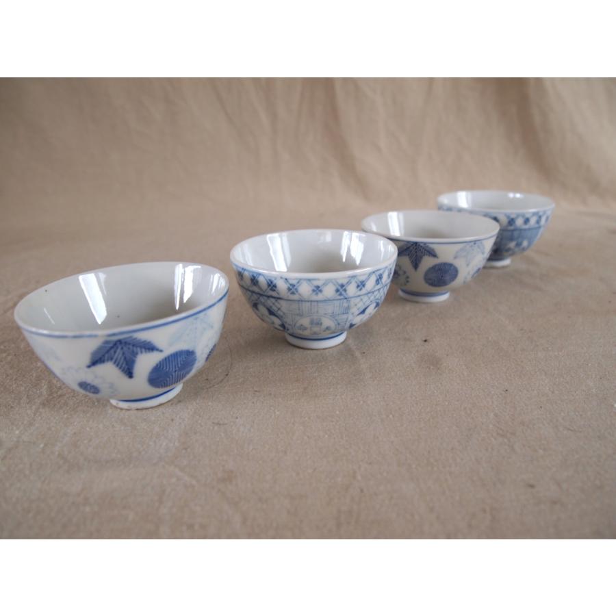 レア珍品 明治 大正時代 461番号入 印版手 染付小服茶碗8cm4客 湯呑