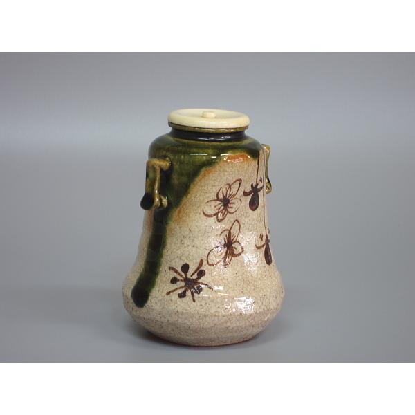 織部耳付茶入 山口錠鐵造 古代名物裂 菊青海仕覆 共箱 : 茶道具商 越中